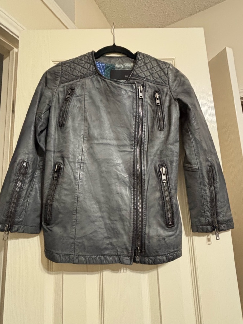 100% Genuine Leather Jacket Black Quilted Shoulder Leather Moto Jacket